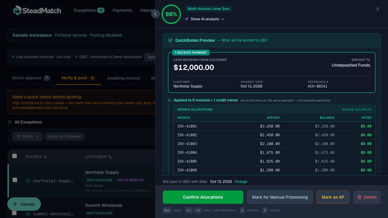 SteadMatch payment detail showing a QuickBooks preview for Northstar Supply, six matched invoices, applied amounts, and remaining balances. Dark mode.